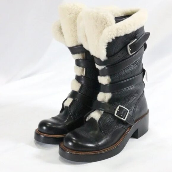 COACH Moto Shearling Pebbled Leather Buckle Boots NEW Sz 5 US Wmn Shipped in Box - Picture 2 of 6